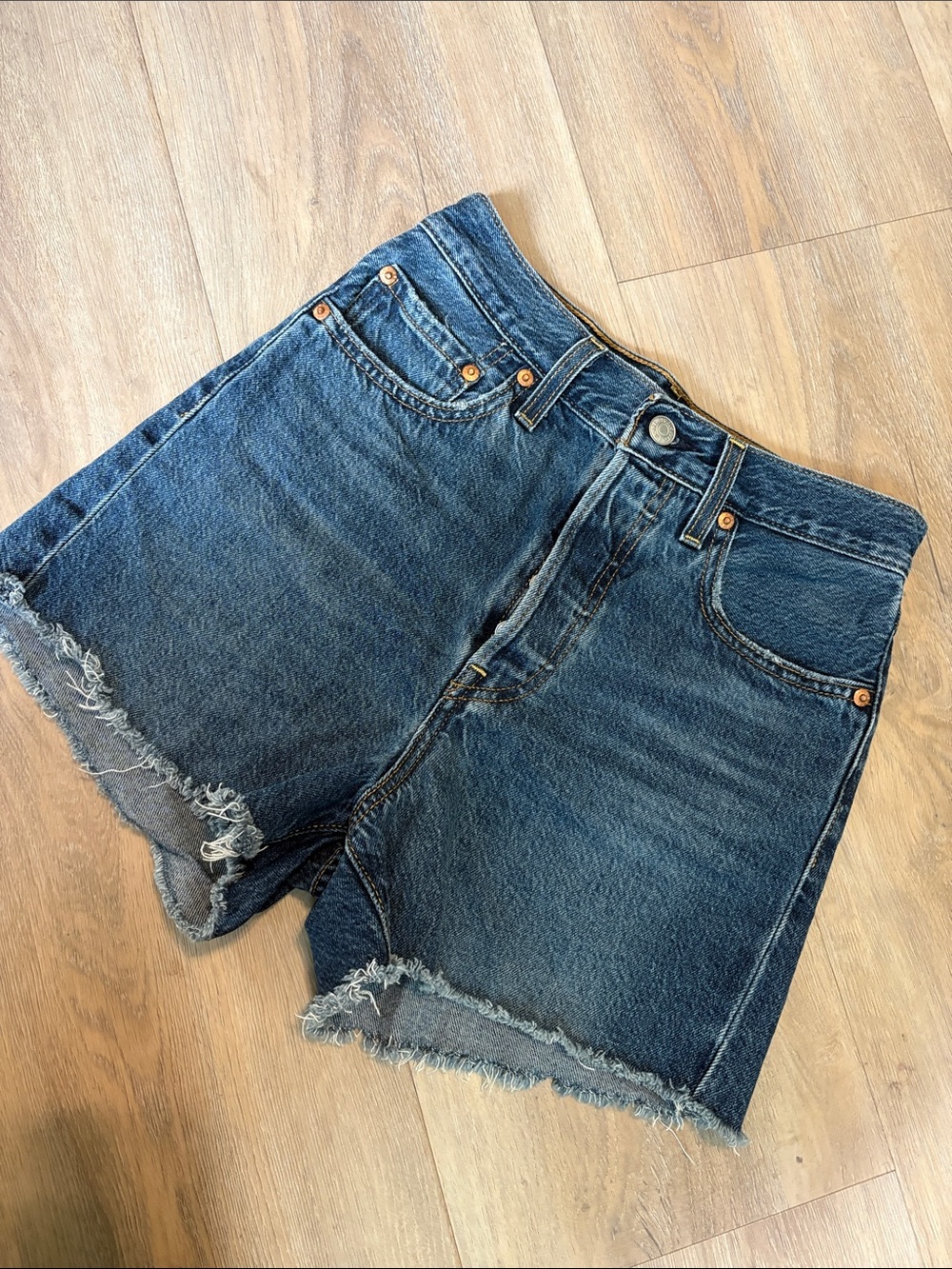 Levi's Ribcage Dark Blue Frayed Hem Denim Shorts